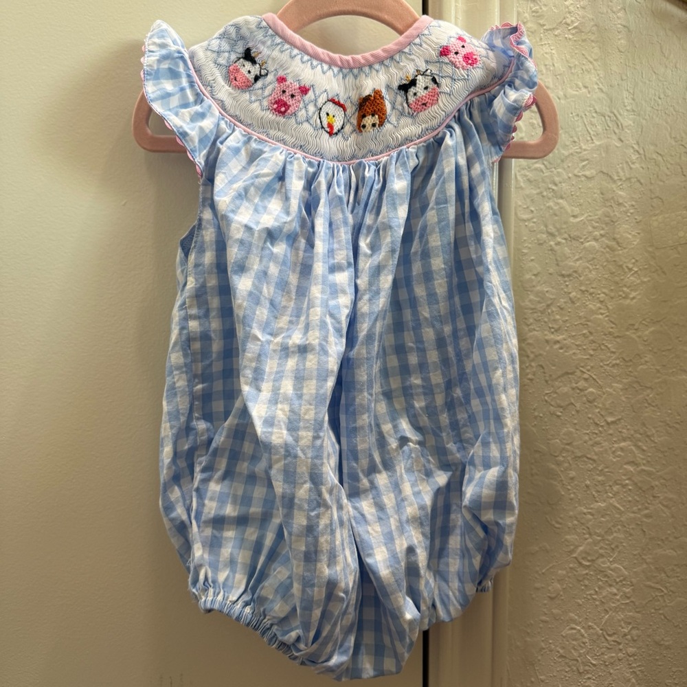 Blue Gingham Baby Romper Bubble with Animal Embroidery
